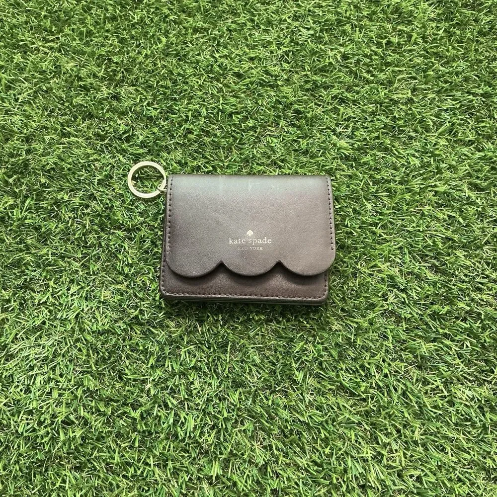 Kate Spade New York Brown Scallop Keychain Wallet ID Card Holder Pink Interior